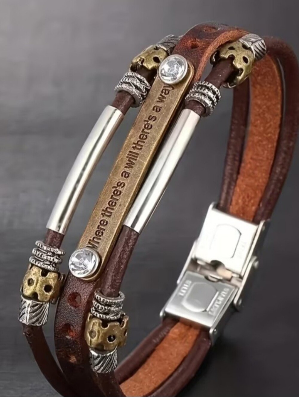 New Sundance Stainless Steel and Leather "WILLPOWER" Bracelet - Picture 2 of 7